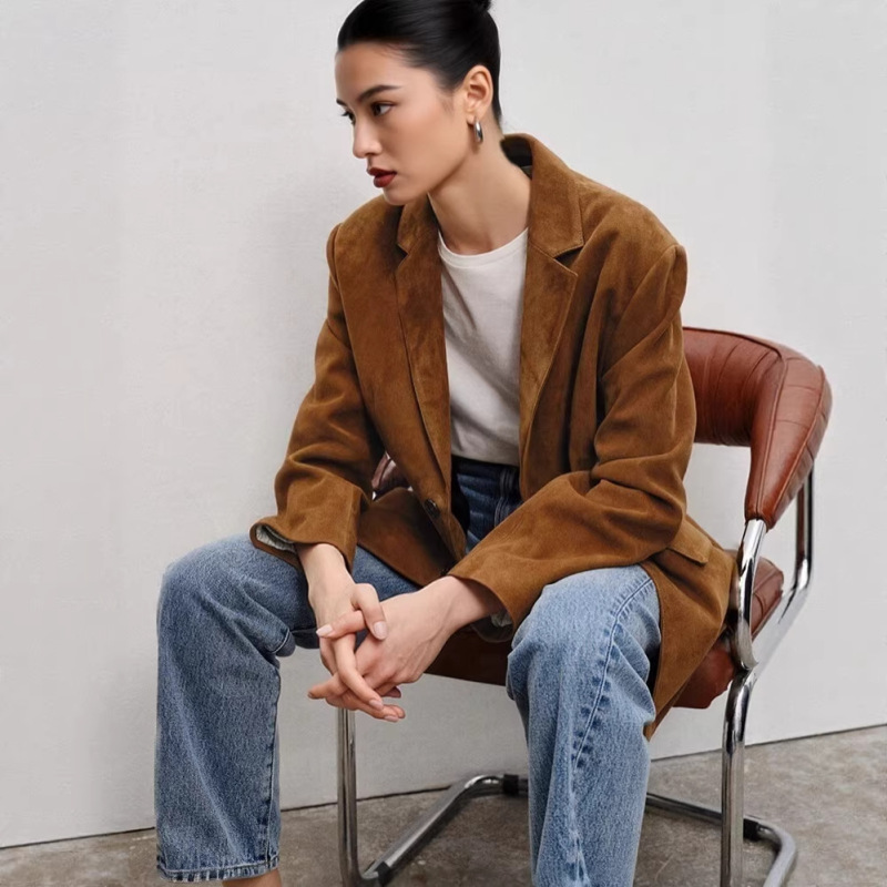 Jiarong Factory Sheepskin Suede Melard Genuine Leather Jacket Blazer for Women, Suede Deep Brown, Nordic Harbor