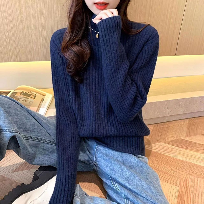 半高领毛衣女秋冬新款厚款针织衫洋气百搭坑条打底衫内搭宽松上衣|undefined