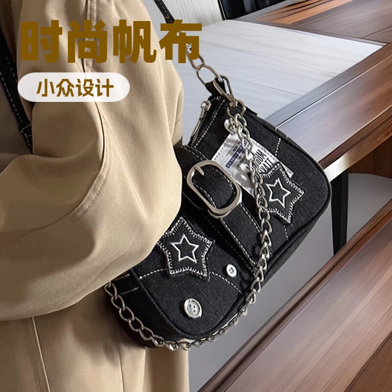 Y2K Millennium Star Denim Underarm Bag Button Decoration Fashion Trendy Niche Design Embroidered Canvas Tote Bag