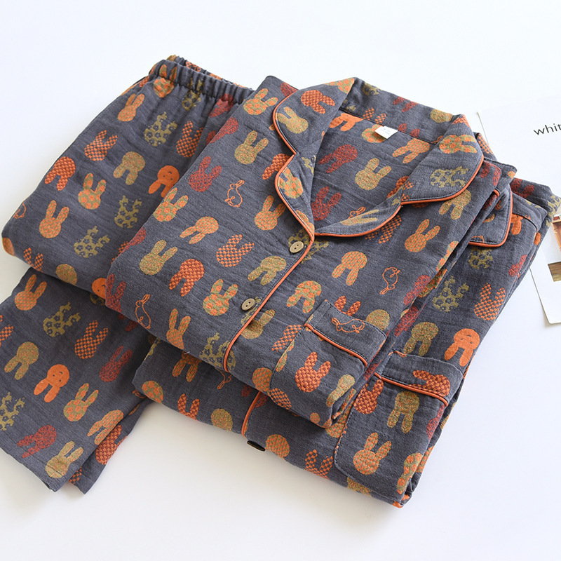 Men's Autumn Jacquard Yarn-Dyed Pure Cotton Crepe Couple's Long-Sleeve Pajama Set, Thin Cartoon Women's Loungewear