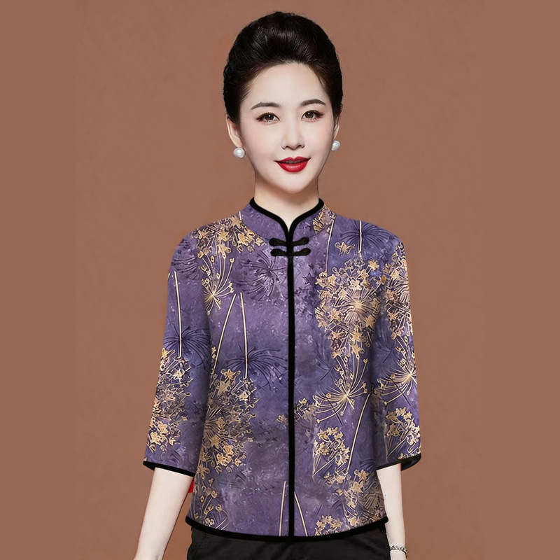 Three-quarter sleeve modified cheongsam Chinese style buttoned T-shirt women's retro printed ethnic style loose slimming top women's clothing
