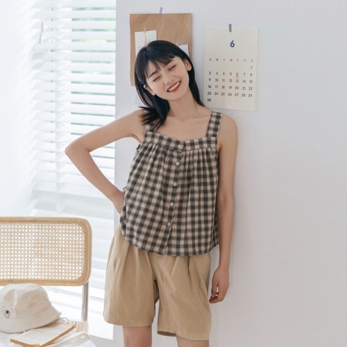 Huangzheng Day Series Sweet Cotton Linen Check Gown Blouse Women 2024 Summer New Loose Single Button Top