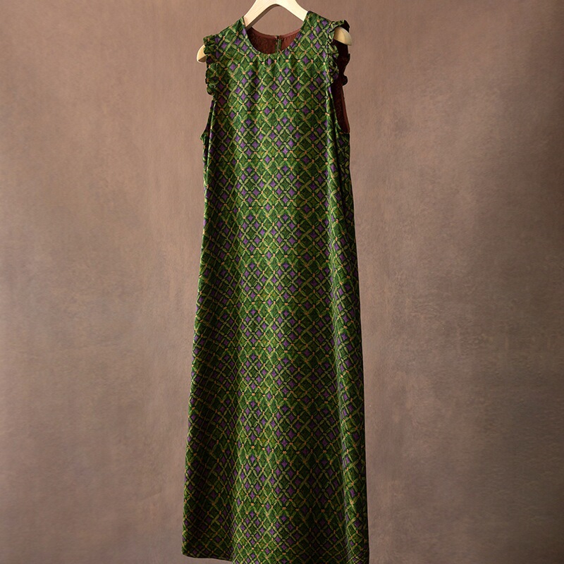 100% Mulberry Silk Floral Red Cloud Gauze Copper Coin Pattern Printed Edgeless Sleeveless Silk Dress Tank Dress