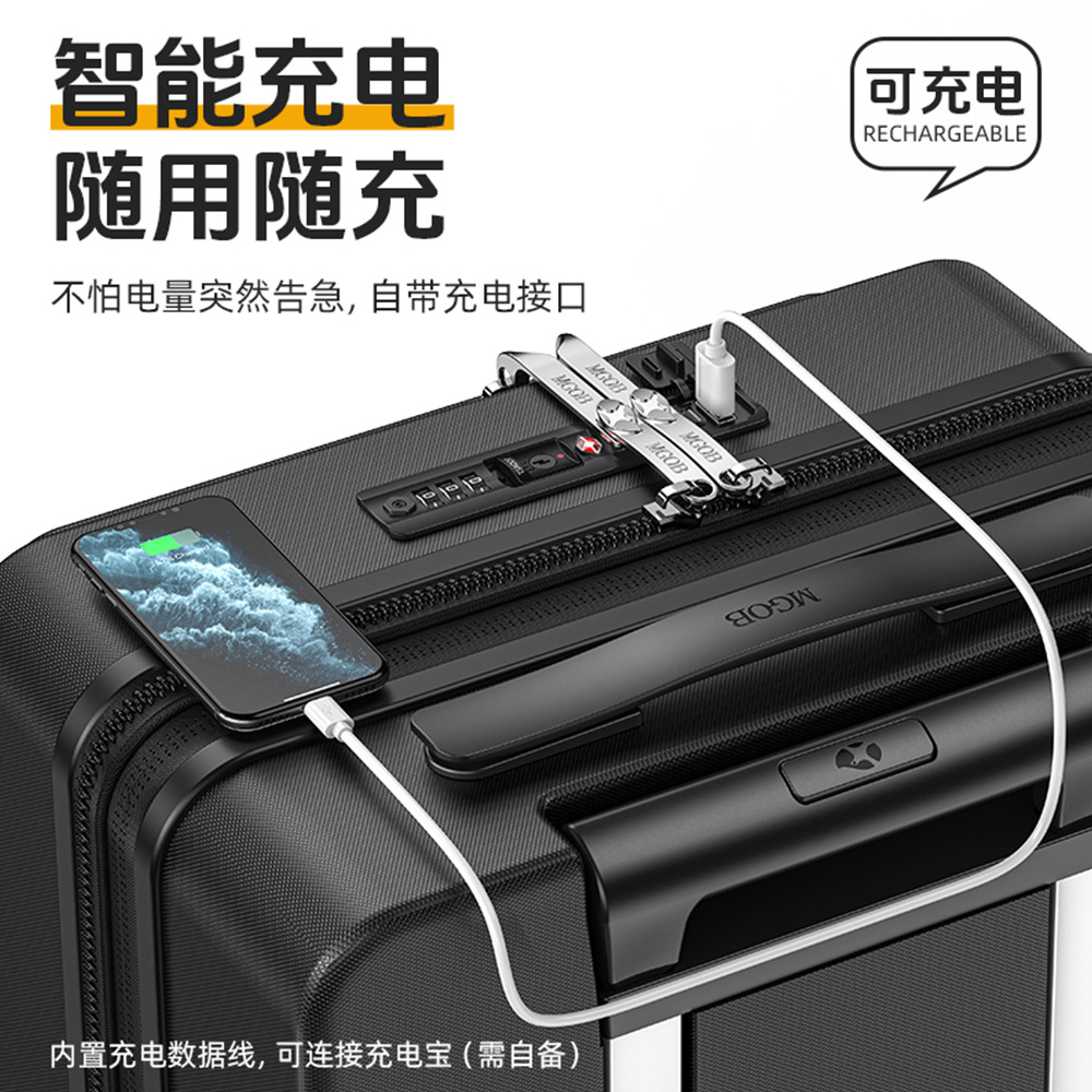Vali nhựa PC mở trước 20 inch đa năng, dung tích lớn chống rơi vỡ, có cổng sạc — Cửa trước 20 inch có cổng sạc và lớp mở rộng màu đen
