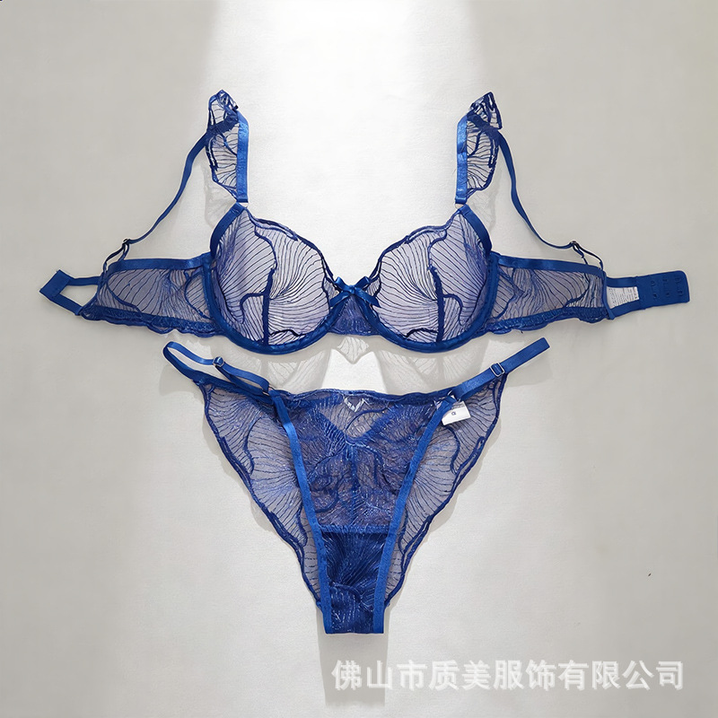 Y Cross-Border Royal Blue Ripple Embroidery Mesh Underwear Set Spring and Summer Sexy French Bra 25070