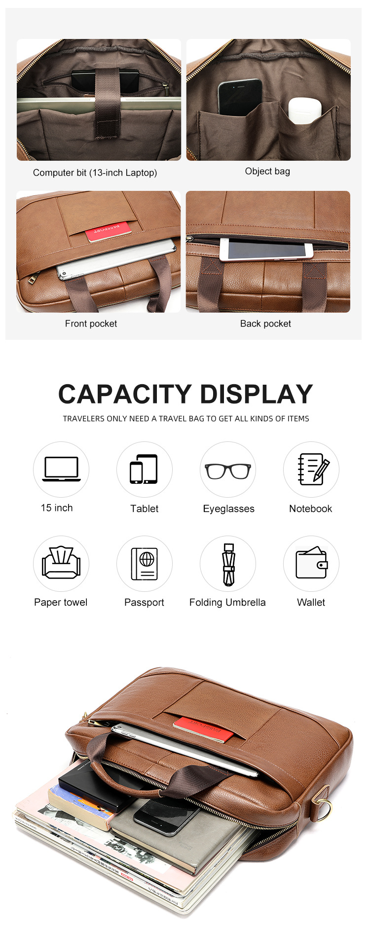 Cặp da bò công sở nam đựng laptop 15,6 inch, túi xách tay đeo chéo đa năng — Cà phê, màu đen, 39cm*8cm*29cm chi tiết 15