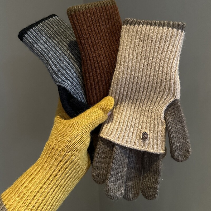 Maillard Winter Dual-use Color-block Knitted Wool Gloves Women's Wool Exposure Finger Touch Screen Warm Cycling Student