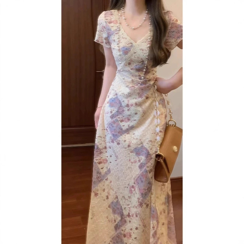 French Style Gentle Stretch Lace Light Beige Floral V-Neck dress Figure Tight Waist Elegant Long Dress 9216