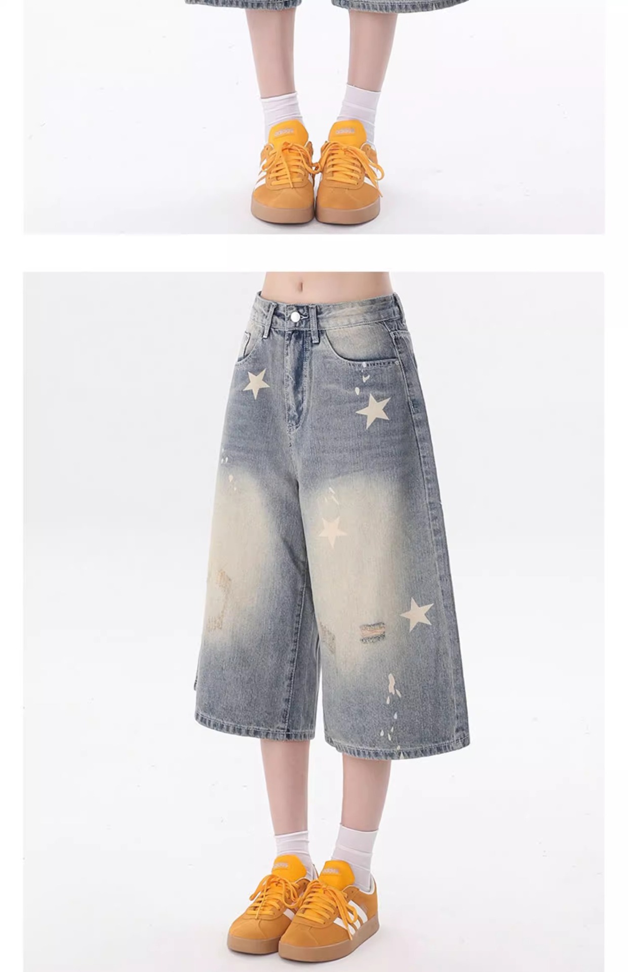Quần short denim nữ phong cách Mỹ cổ điển, dáng rộng in hình ngôi sao — Màu xanh nhạt ([mẫu cao cấp, mềm mại và thoải mái hơn]) chi tiết 2