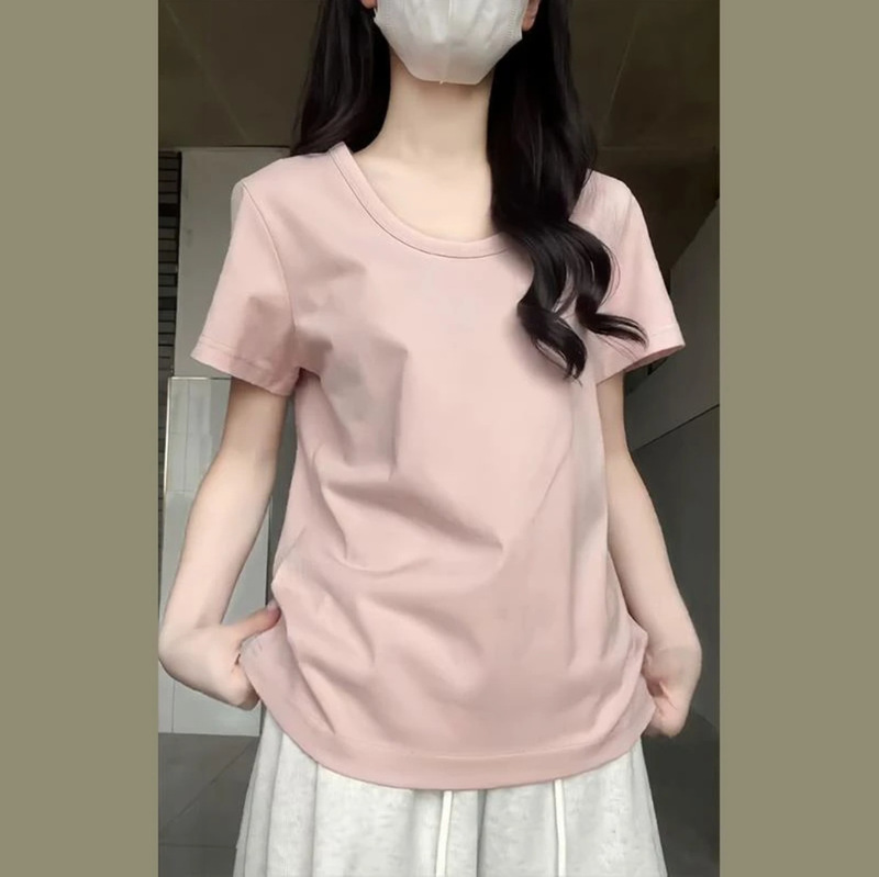 2025 New Summer Pink U-collar Casual All-match Loose Short-sleeved T-shirt Women's Shoulder Lazy Half-sleeved T-shirt Top