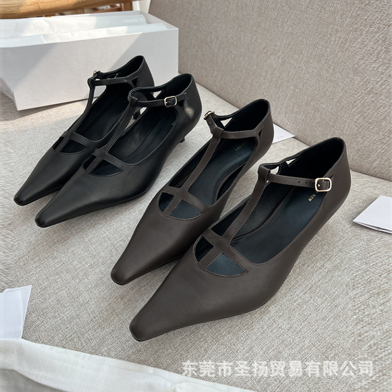 High-End Fashion The*Row French Pointed Toe Genuine Leather High-Heeled Mary Jane Shoes Versatile T-Shaped Cat Heel Shoes