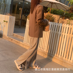 Pregnant women's belly support pants striped mopping pants split adjustable high waist trousers thickened slimming outer wear wide leg pants straight