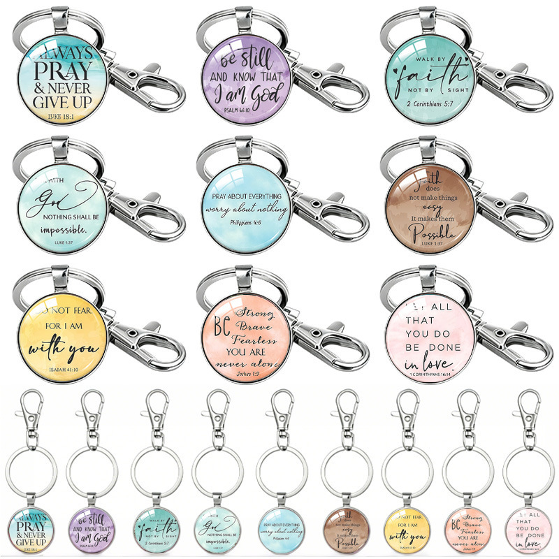 9Pcs English Letters Always Pray Colorful Background Keychain Time Gemstone Key Ring Car Pendant