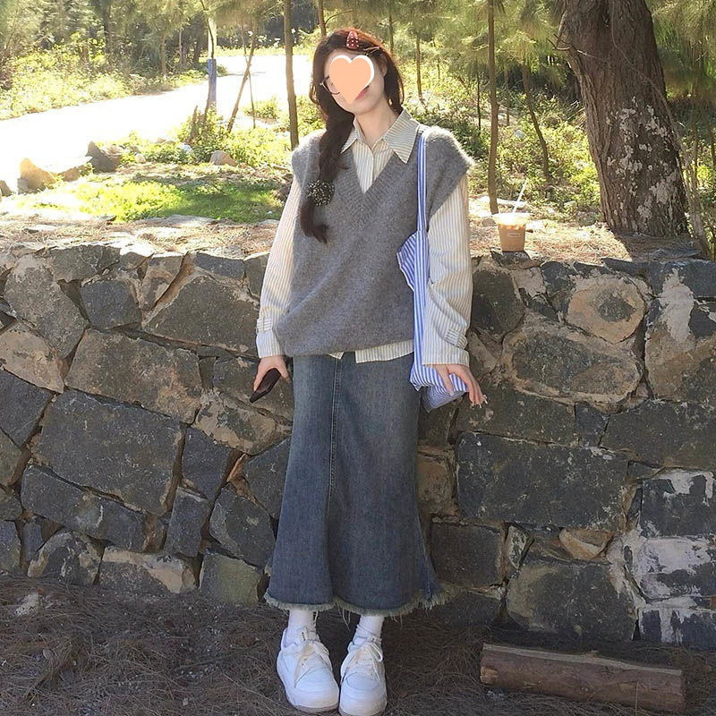春季穿搭一整套文艺小清新牛仔半身裙子+灰色马甲+条纹衬衫三件套