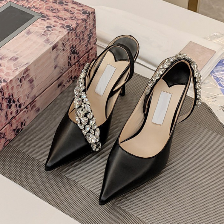 Fashion Catwalk Pointed Toe Glass Rhinestone Left and Right Different Mandarin Duck Sandals Genuine Leather Shallow Mouth Back Empty Dress High Heel Shoes
