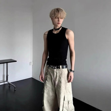 黑色跨栏运动背心男款潮牌高级感美式坎肩重磅内搭坎袖汗衫t恤夏