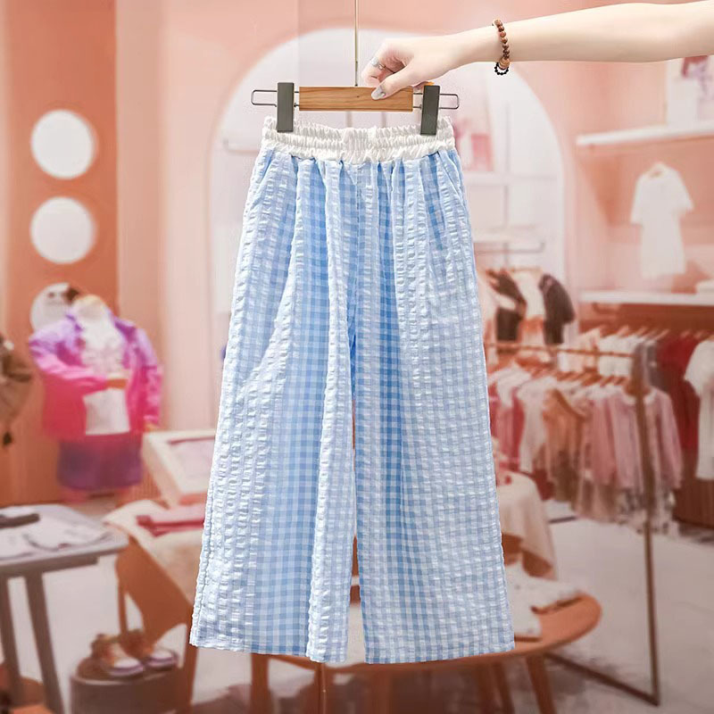 Girls' plaid pants, summer 2026 new style, Korean style casual straight leg pants, fashionable thin wide-leg pants for older girls.
