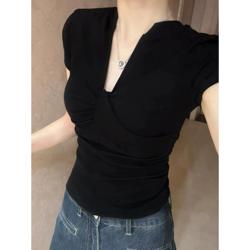 Черная модная футболка с коротким рукавом, slim fit, облягающая, открытые плечи