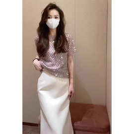 D2820夏季韩式新款网纱闪亮短袖雪纺上衣女内搭外穿潮流休闲衫