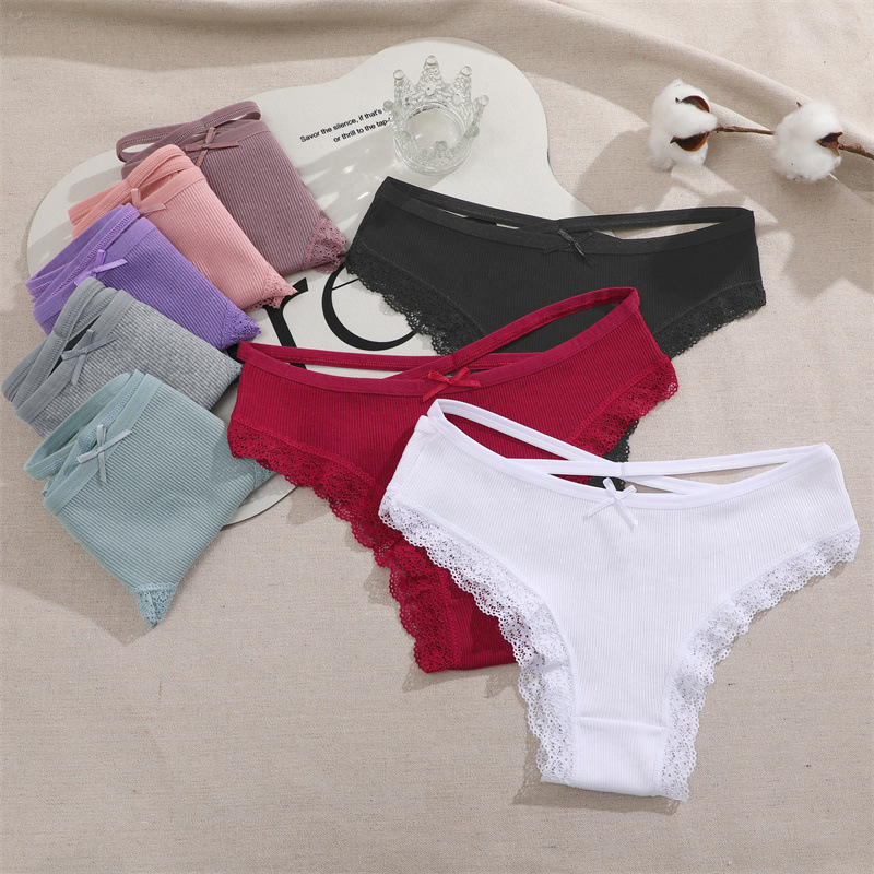 Cross-border new women's underwear threaded cotton underwear cute bow low waist bikini lace edge women's underwear