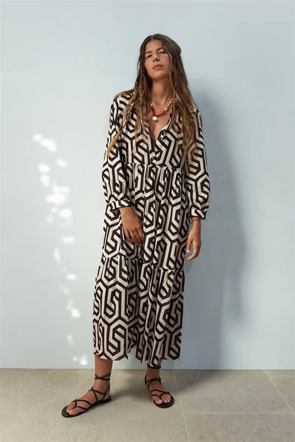 Women's Regular Dress Streetwear Turndown Printing Long Sleeve Geometric Maxi Long Dress Holiday Daily display picture 11