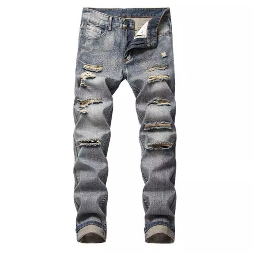 Men's Ripped Straight Leg Slim Fit Non-Stretch Jeans, Multiple Tears, North American Long Pants, Light