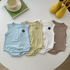嬰幼兒夏裝韓版薄款開扣男寶女寶無袖連體哈衣0-2歲寶寶三角爬服