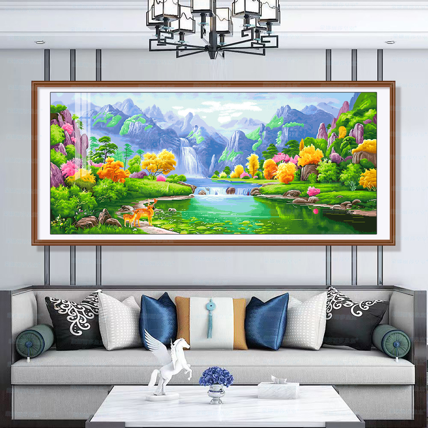 Mona Lisa, Pintura de Paisaje Bordada a Mano con Puntos de Cruz, Montañas Verdes y Agua Verde, Ciervo de la Fortuna, Decoración Grande para Sala de Estar image 4