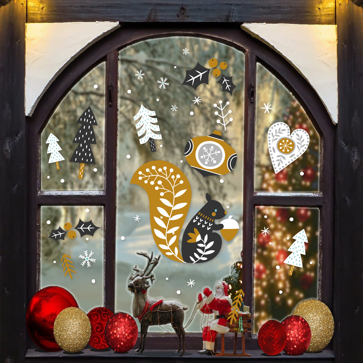 Christmas Squirrel Forest Snowflake Glass Sticker Wall Decal_voghion.com
