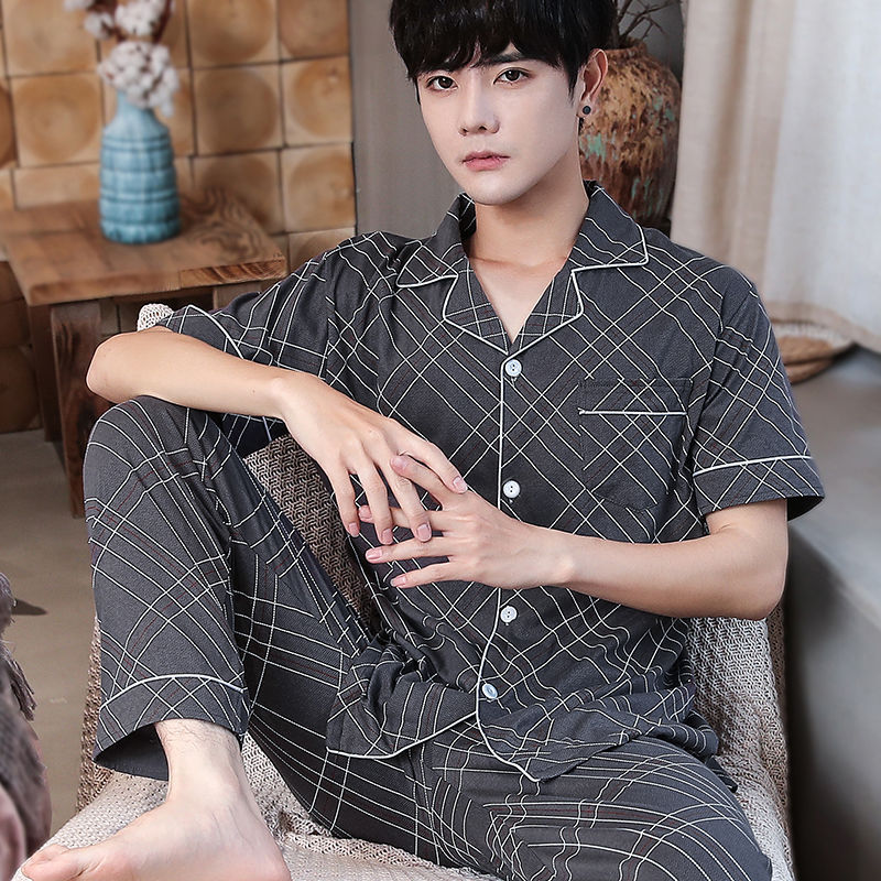 Pijamas de hombre verano 100% algodón de manga corta pijamas delgados cardigan de los hombres juventud Primavera y otoño traje de desgaste para el hogar