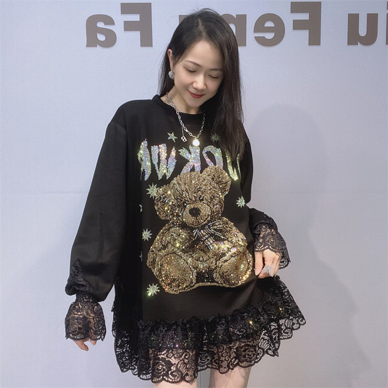 Plus Size European and American Women's Loose and High-End Long-Sleeved Tops for Women in Autumn and Winter Lace Splicing Rhinestone Round Neck Flesh-Covering T-Shirt