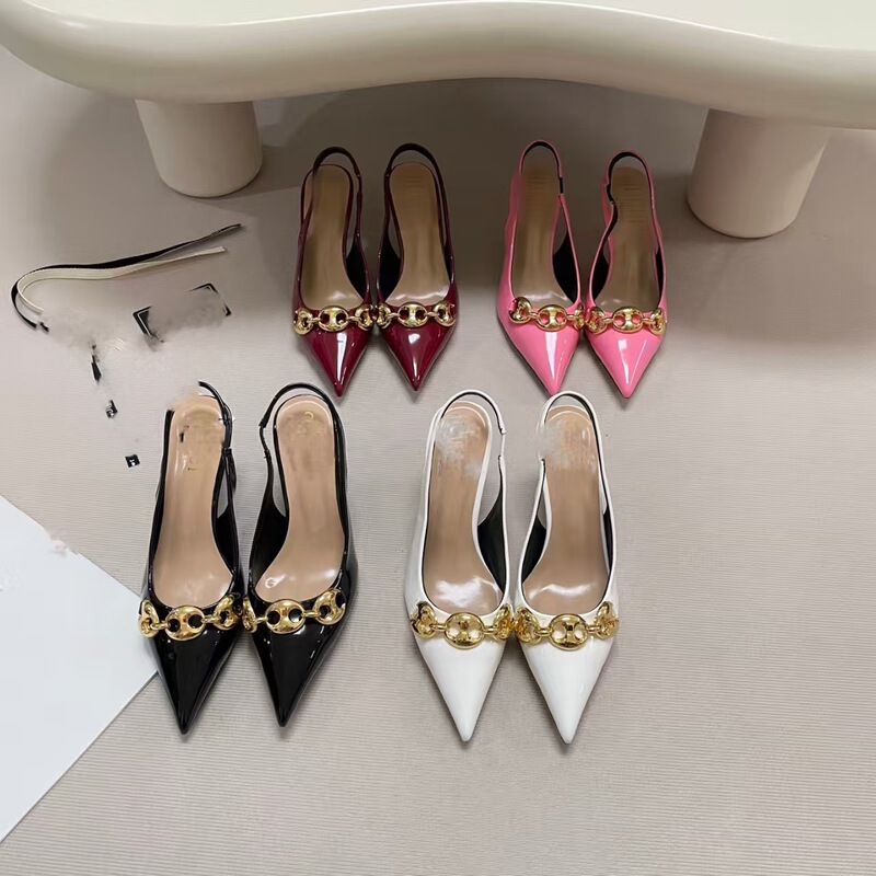 High-End g Brand Pointed-Toe Sandals 2025 Spring/Autumn New Model with Metal Design, Closed-Toe, Backless, Mid-Heel, Sexy Women's Shoes