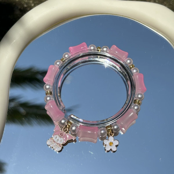 Pink Bamboo Sarrapers Pearl Moon Rabbit Bracelet#SZ228