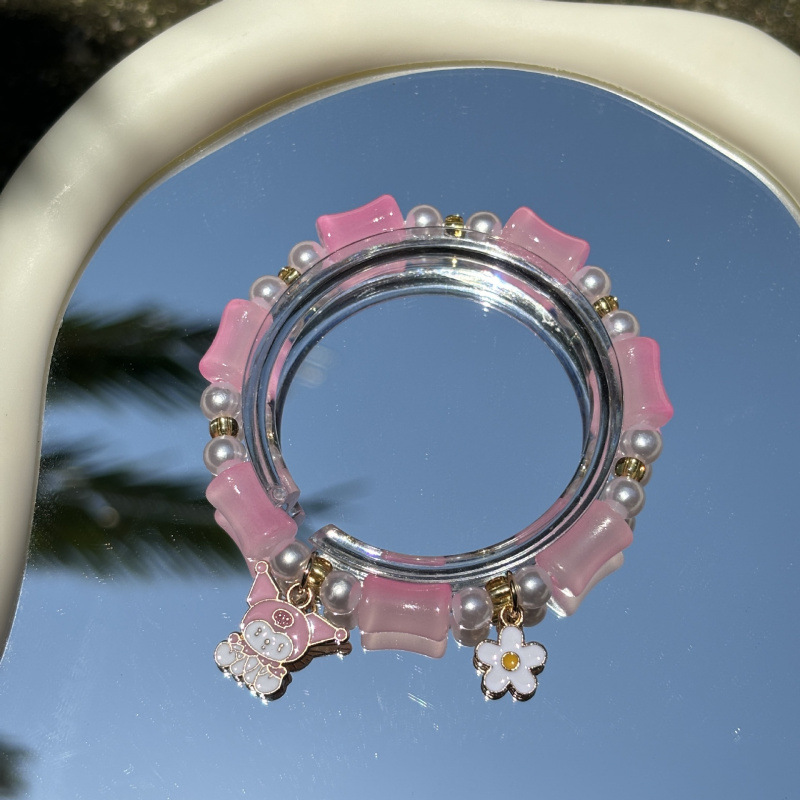 분홍색과 노란색 대나무 끈 진주 달 토끼 팔찌#SZ228