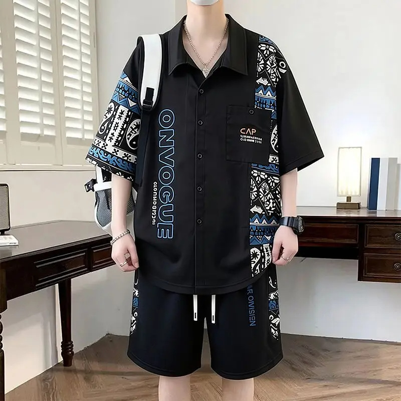 Short-Sleeved Shirt Suit for Men, Summer Loose Fit, Plus Size, Patchwork Casual Five-Quarter Sleeve Shirt and Shorts Two-Piece Set