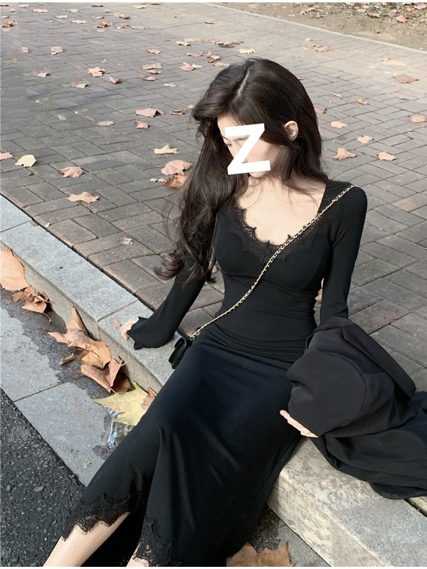 春季新款长袖拼接鱼尾连衣裙女打底黑色蕾丝收腰修身气质裙子长裙|undefined