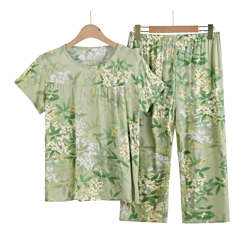 25-летний новый хлопковый шелковый набор для женщин среднего и пожилого возраста пижамы летняя сумка с короткими рукавами и укороченные брюки мамы пижамы можно носить на улице
