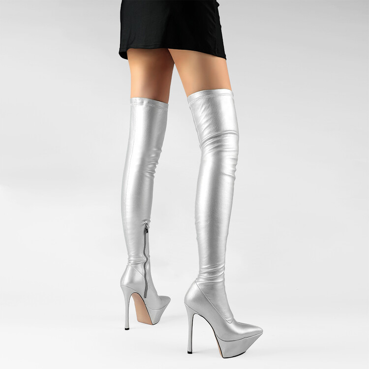 European and American Export Waterproof Platform Pointed Toe Stiletto High Heel Over-The-Knee Boots, Size 47, Elastic Slimming Leg-Hugging Women's Thigh Boots