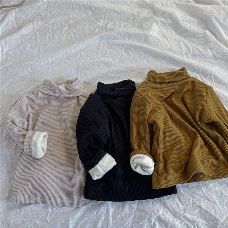 Boys' 2023 winter new solid color pit strip plus velvet bottoming shirt for baby girls, fashionable half-high collar inner top, trendy