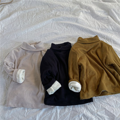 Boys' 2023 winter new solid color pit strip plus velvet bottoming shirt for baby girls, fashionable half-high collar inner top, trendy