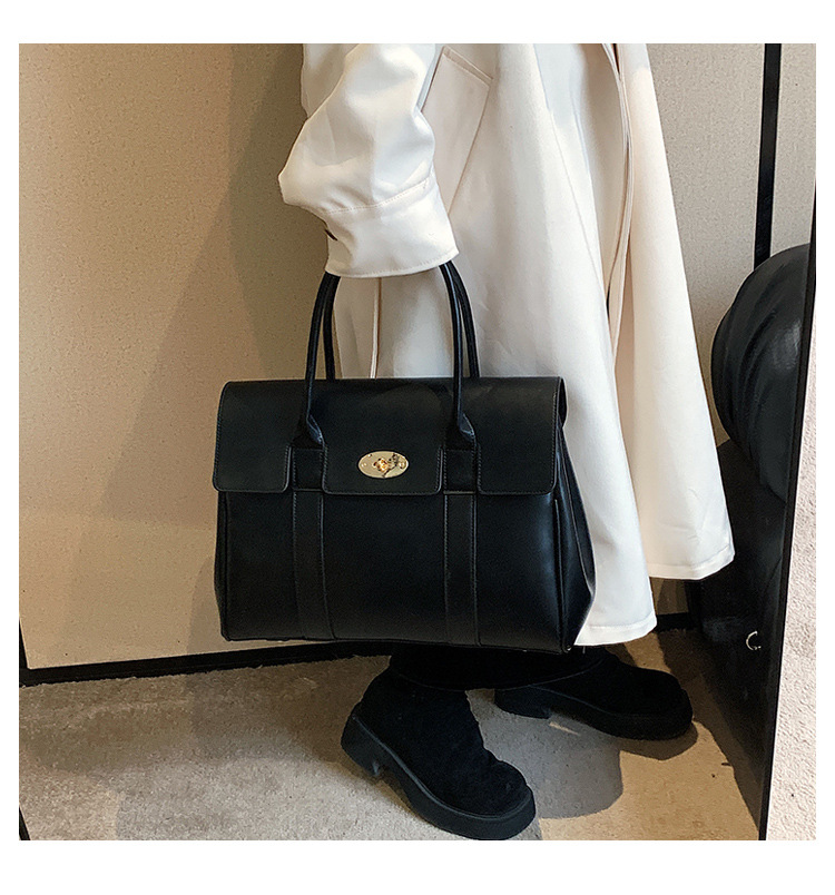 Double Handle Strap Type Women's Large Pu Leather Solid Color Elegant Vintage Style Square Lock Clasp Tote Bag
