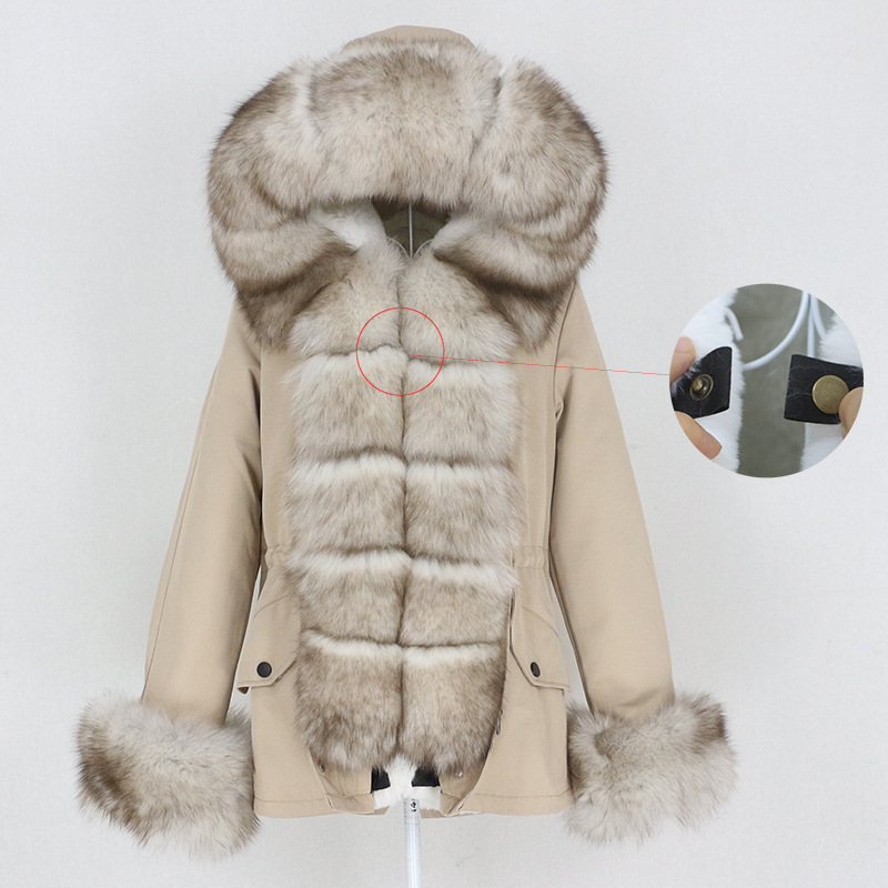 Damkläder höst och vinter ny avtagbar rävpälskrage kort mode varm parka pälskappa_voghion.com