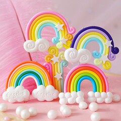 柔らかい陶の虹のケーキの置物の七色の立体の雲の星の愛のプラグインの子供の誕生日の焙煎パーティーの部品