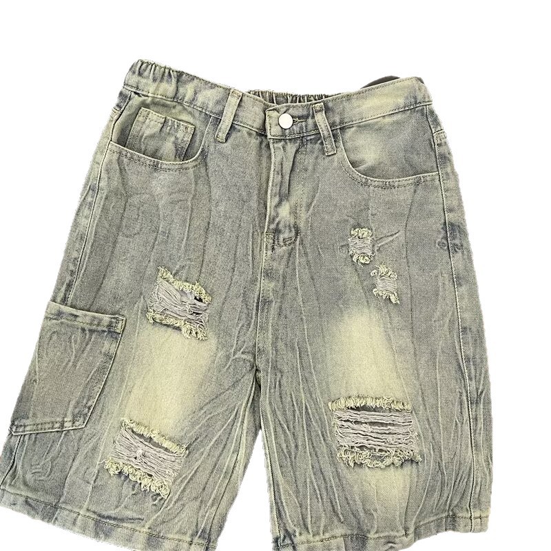 Men's Trendy Distressed Denim Shorts Summer Loose Fitting Washed Five Quarter Length Pants Street Style Trousers_mkmklike.com