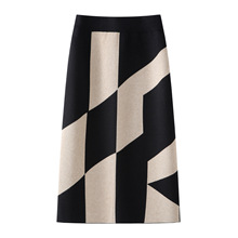 几何拼接针织毛呢半身裙女秋冬2025新款高腰中长款百搭直筒包臀裙