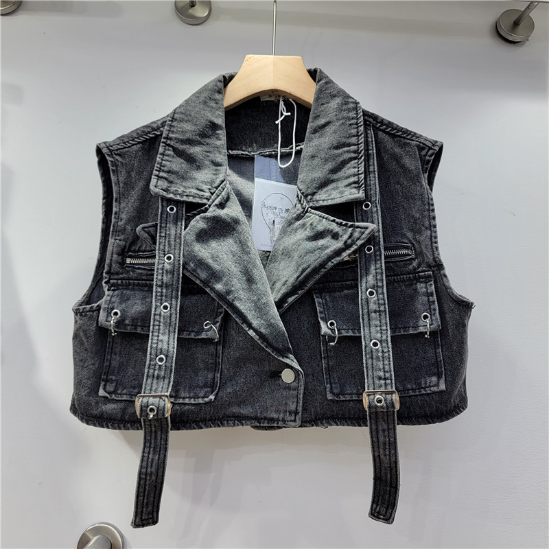 Estilo europeo y americano nuevo diseño personalidad edad-reducción Rosa ropa de trabajo gran bolsillo cinta Denim chaleco abrigo para las mujeres