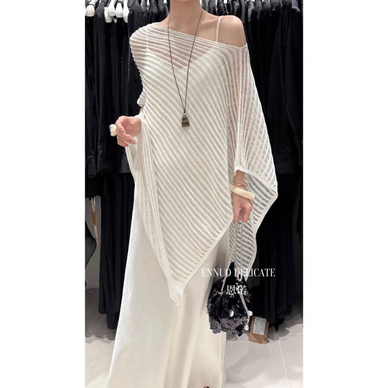 T627 Lazy Style Cut Out Knitwear French Style High-End Loose Casual Slightly See-Through Cape Top