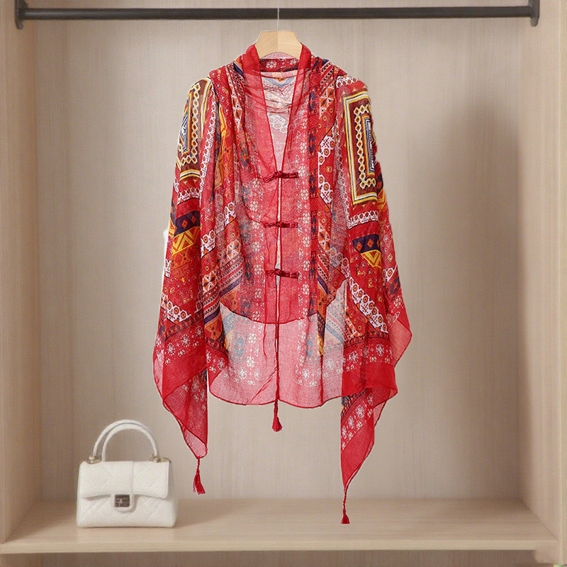 Summer Sun Protection Shawl for Women, New Chinese Style with Button Closure, Long Ethnic Style for Travel and Photography, Thin Sun Protection Beach Scarf Summer Sun Protection Shawl for Women, New Chinese Style with Button Closure, Long Ethnic Style for Travel and Photography, Thin Sun Protection Beach Scarf