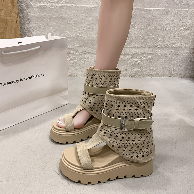 Thick-Soled Roman Sandals for Women with 12cm Hidden Height Increase, 2026 Summer New Style, Height-Enhancing for Petite Women, Versatile for Outdoor Wear, Boot-Style