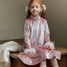 尖子蛋韩系童装2025冬季新款女童裙子丝绒高领加绒连衣裙礼服裙